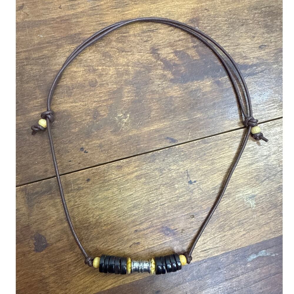 Men's Silpada Brown Cord Leather Sterling Silver & Wood Bead Necklace Adjustable